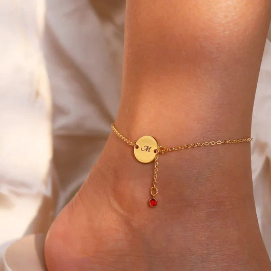 Custom Letter Coin Anklet with Drop Gemstone
