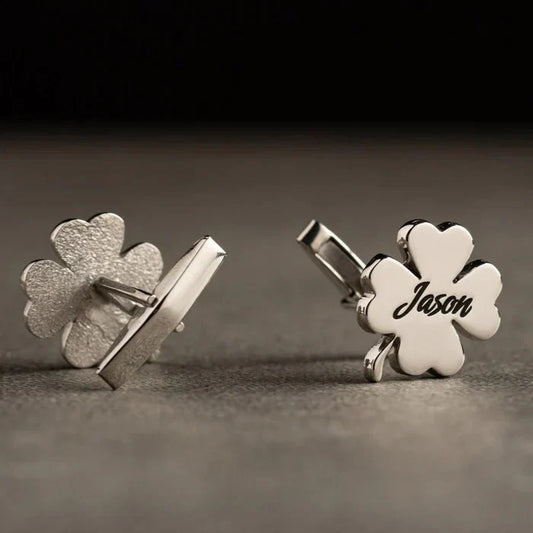 Product image of Eraya Jewel Silver Cufflinks featuring an engraved four-leaf clover and custom name – Unique personalized good luck charm