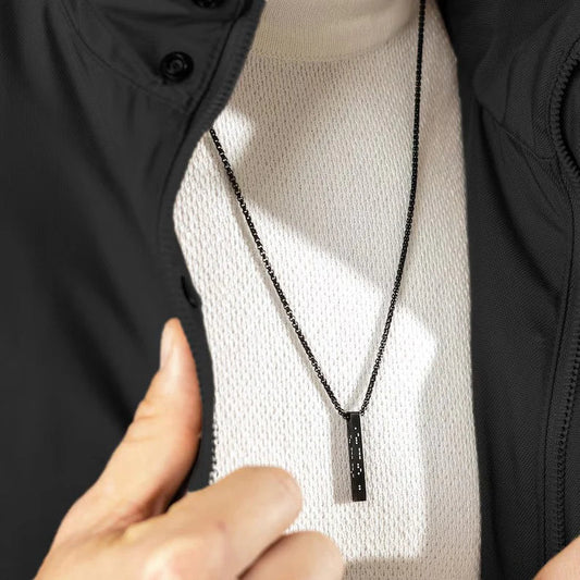 Custom Men's Morse Code Bar Pendant in a black finish, featuring a modern, minimalist design with personalized Morse code detail.