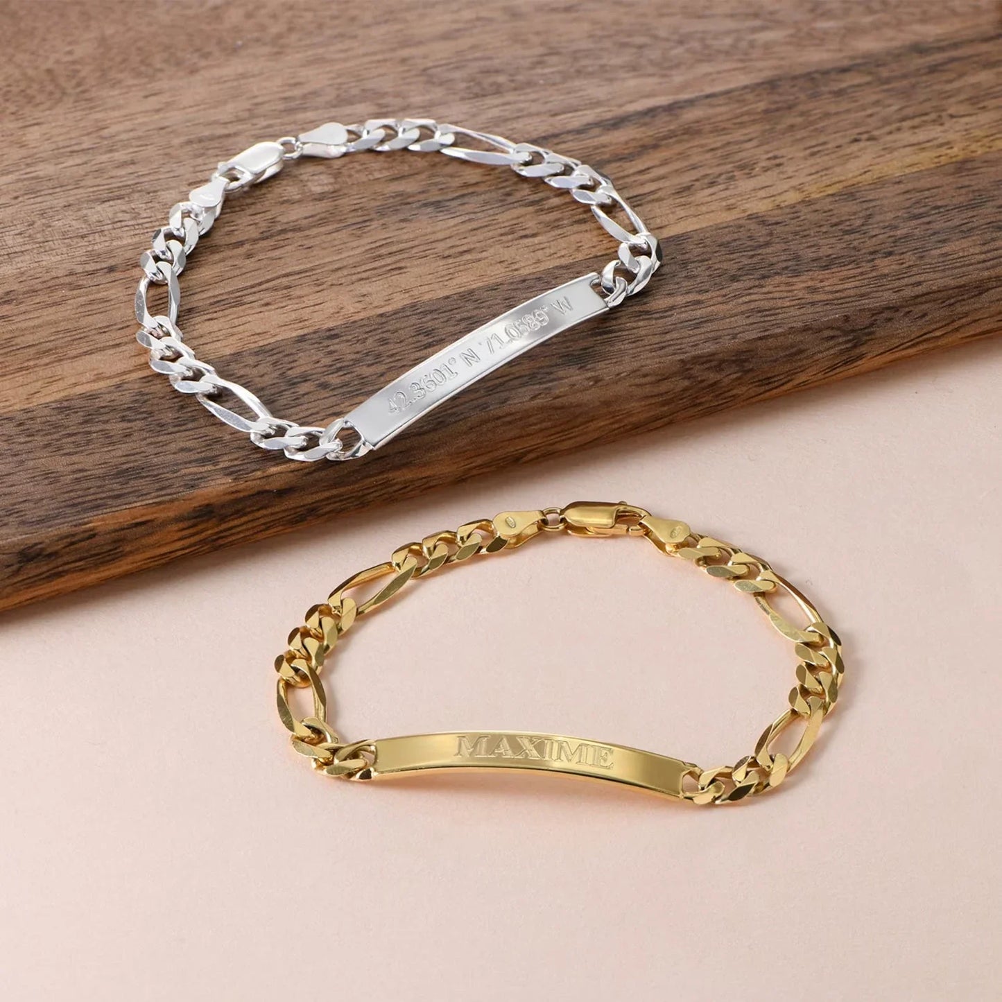 Eraya Jewel Custom Engraved Men's ID Bracelets shown side-by-side in both Gold and Silver finishes – Product image highlighting personalized options.