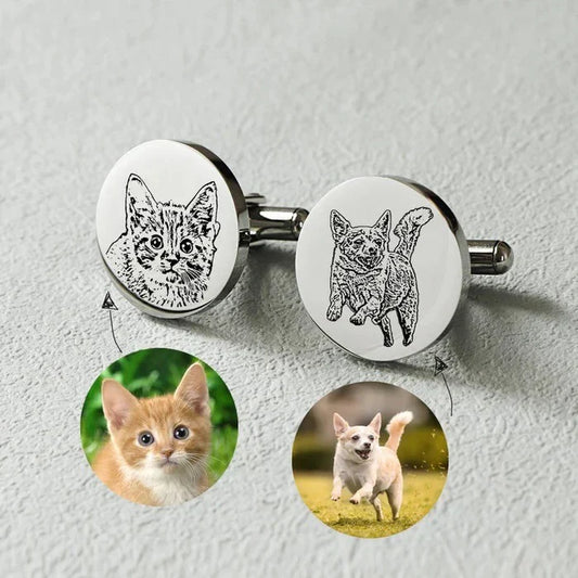 Product image of Eraya Jewel Personalized Pet Photo Cufflinks, showcasing custom engraving with both cat and dog images – Cherished pet memorial gift.