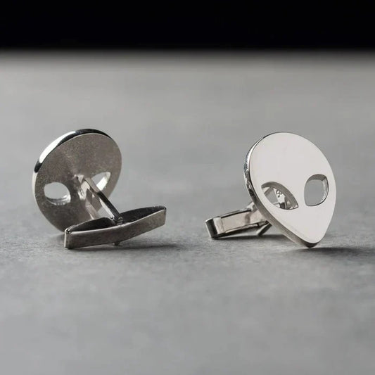 Product image of Eraya Jewel Alien Cufflinks in polished Silver, highlighting the detailed alien motif – Fun novelty accessory