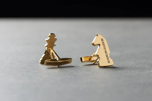 Detailed product shot of Eraya Jewel Golden Custom Two-Letter Chess Cufflinks, highlighting the elegant two-initial personalization with a chess motif.