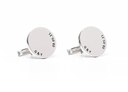 Product image: Eraya Jewel Custom Date Cufflinks with a luxurious silver finish, showcasing clear personalized date engraving
