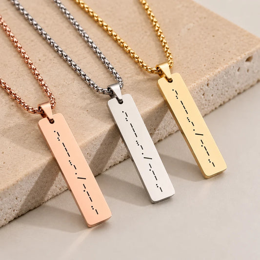 Eraya Jewel personalized Morse Code Bar Pendant in gold, silver and rose gold finishes
