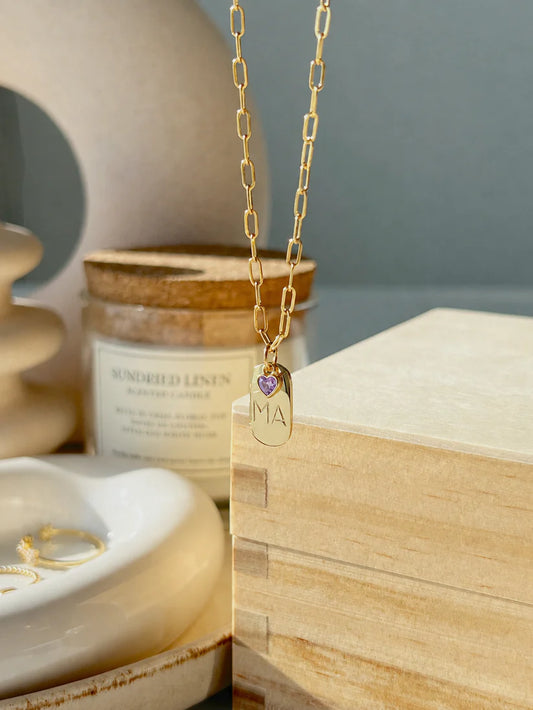 Gold Heart Charm Initial Pendant necklace with MA engraving and purple heart charm in 22K gold finish