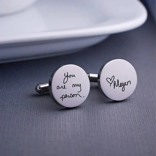 Eraya Jewel Personalized Handwriting Cuff Links in a sleek silver finish, featuring a personalized engraving of actual handwriting.