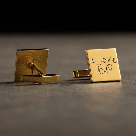 Detailed product image of Eraya Jewel Engraved Handwriting Cufflinks in a polished Gold finish, showcasing a personalized handwritten message