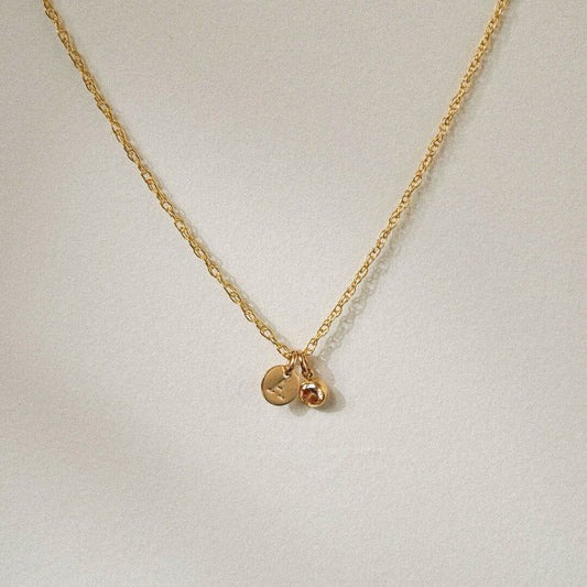 Personalized initial necklace with a sparkling birthstone charm on a delicate chain