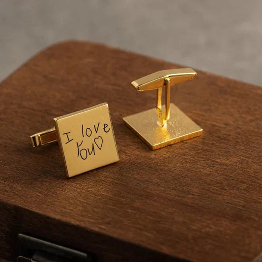 Eraya Jewel Golden Engraved Handwriting Cufflinks – Product shot highlighting the custom actual handwriting engraving detail.