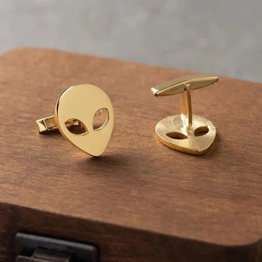 Eraya Jewel Alien Cufflinks with a striking Gold finish – Product shot showcasing a fun, extraterrestrial-themed design.