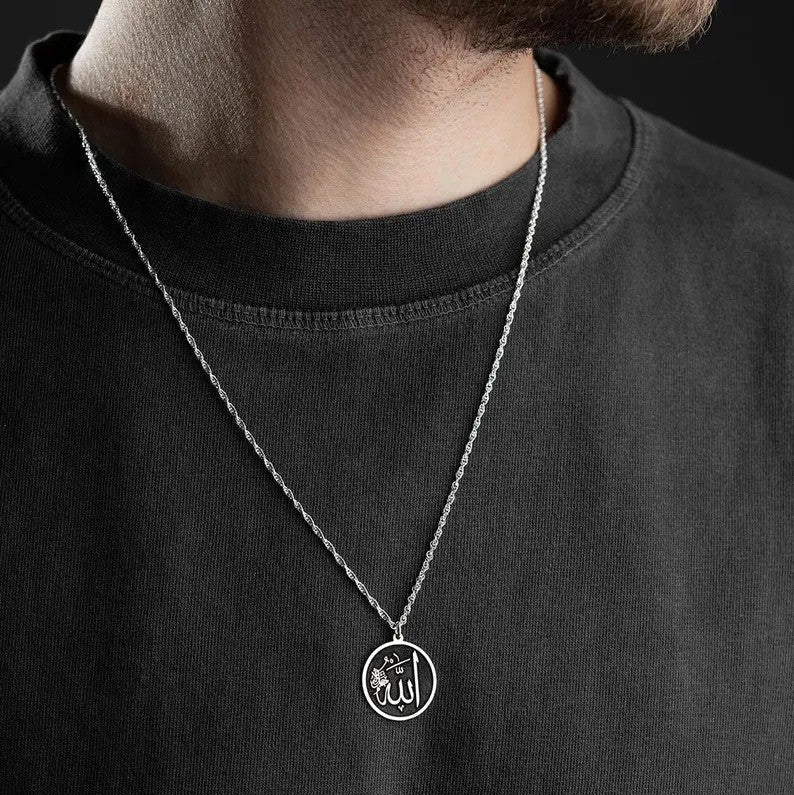 Model wearing the Noor Al-Iman Pendant, emphasizing its spiritual appeal and modern style.
