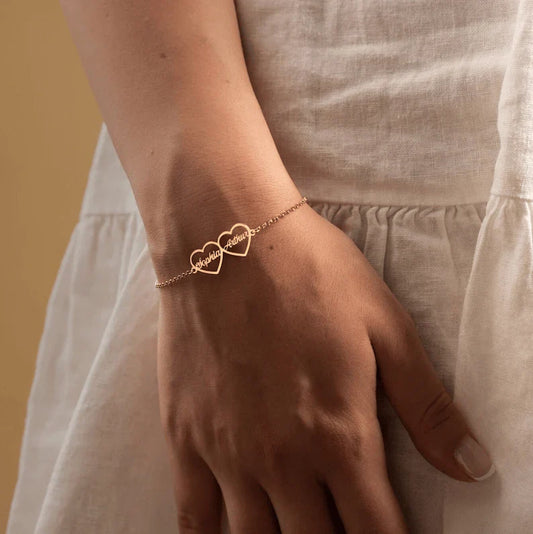 Eraya Jewel Custom 'His and Hers' Heart Name Bracelet set in a polished Rose Gold finish – Product image showcasing the personalized names.
