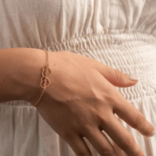 Detailed product shot of Eraya Jewel Rose Gold 'His and Hers' Heart Name Bracelets, highlighting the interconnected heart design and custom name engravings.
