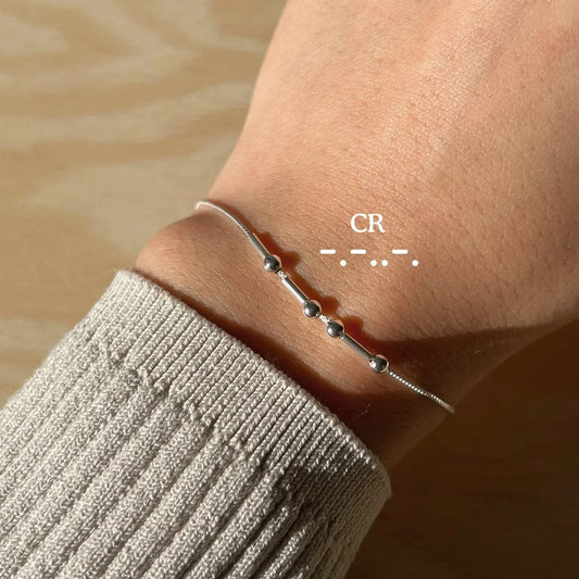 Eraya Jewel Elegant Custom Morse Code Bracelet in silver plated, highlighting the minimalist design and the encoded Morse code message.
