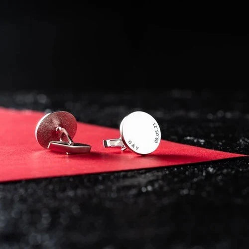 Eraya Jewel silver Custom Date Cufflinks – Detailed close-up emphasizing the elegant engraving of a significant date.