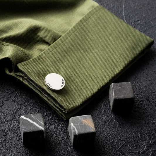Eraya Jewel Custom Date Cufflinks in polished Silver, highlighting a personalized special date engraving – Unique keepsake gift.