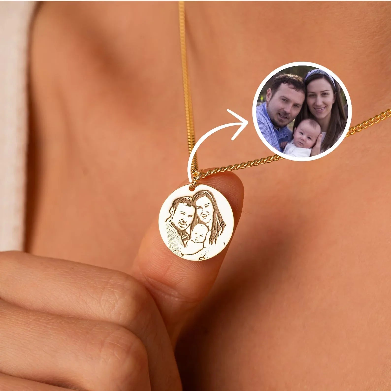 The Eraya Jewel Personalized Photo Memorial Pendant showcasing a custom photo uploaded by a customer and beautifully engraved onto the pendant, demonstrating the level of personalization and detail achievable