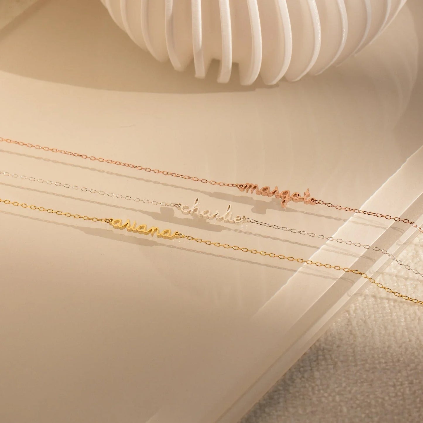 Eraya Jewel Custom Delicate Name Bracelets for girls, displayed in three popular finishes: Gold, Silver, and Rose Gold, showcasing the variety available.