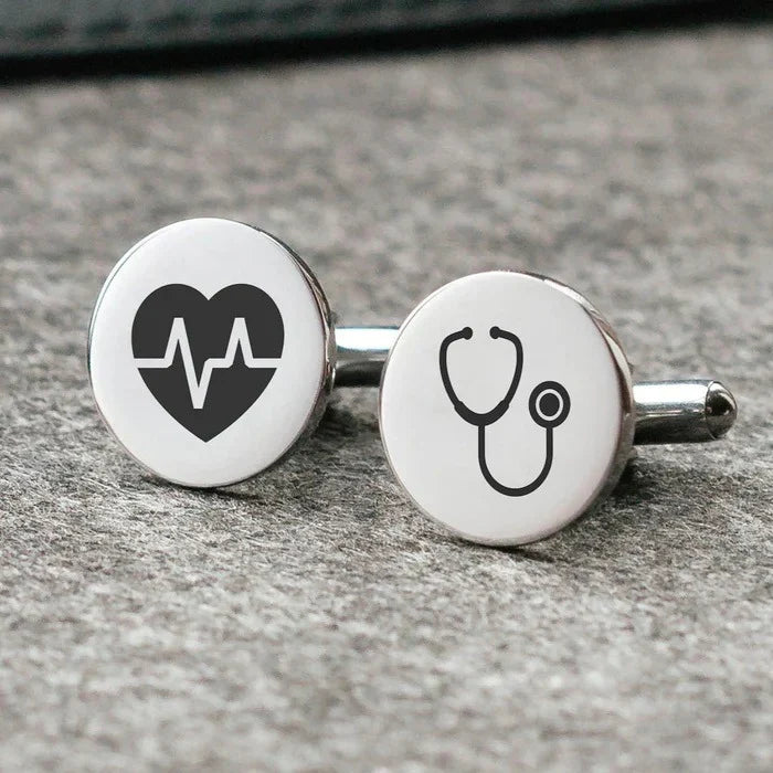 Eraya Jewel Personalized Doctor Cufflinks in polished Silver, featuring a medical emblem and custom engraving option – Thoughtful gift for medical professionals