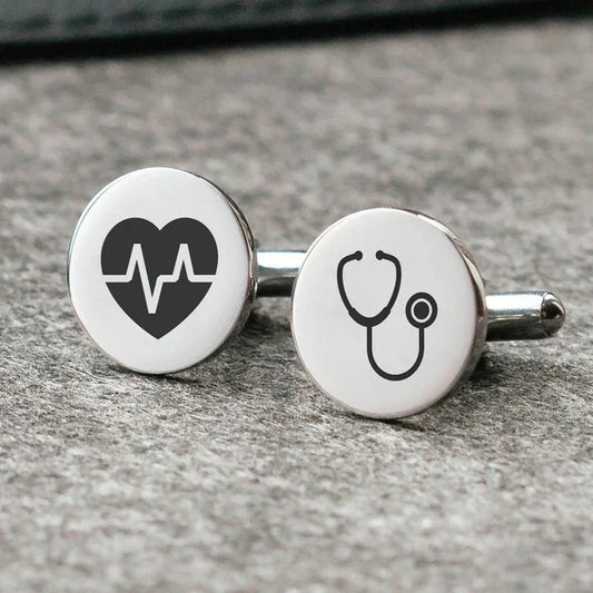 Eraya Jewel Personalized Doctor Cufflinks in polished Silver, featuring a medical emblem and custom engraving option – Thoughtful gift for medical professionals