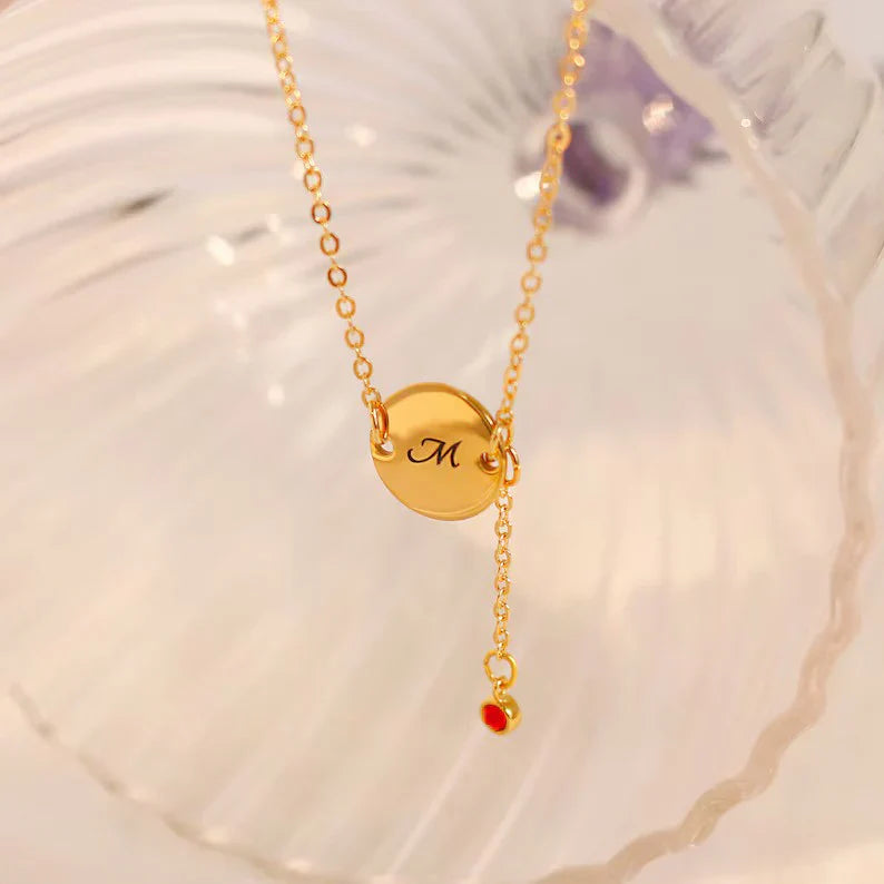 Custom Letter Coin Anklet with Drop Gemstone
