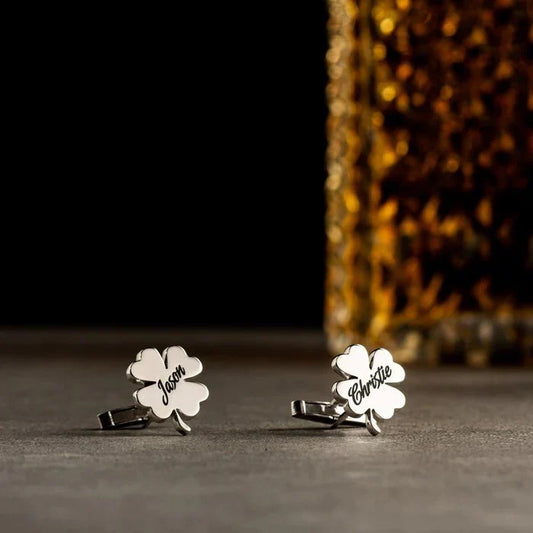 Eraya Jewel Engraved Four-Leaf Clover Name Cufflinks in polished Silver – Product shot highlighting the personalized name and lucky clover design.