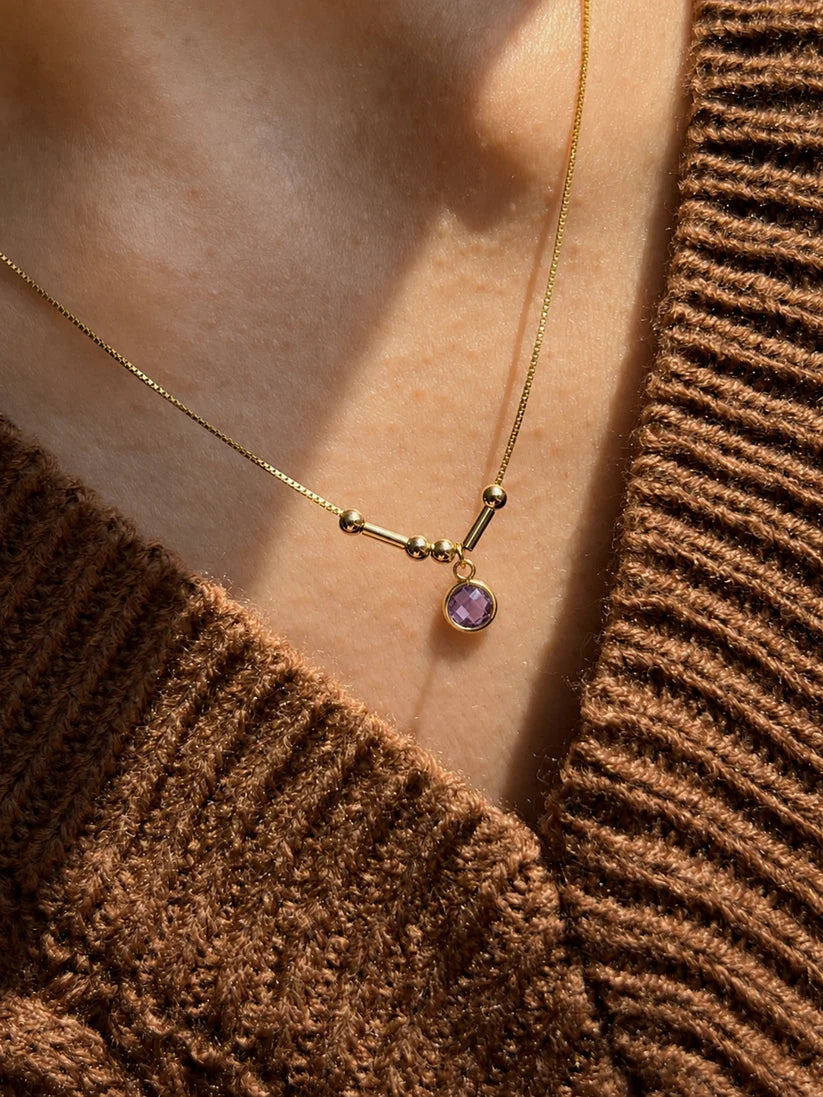 Personalized Birthstone Morse Code Initials Necklace by Eraya Jewel featuring hidden Morse code initials, a February birthstone charm, and a premium 22K gold finish on an adjustable box chain.
