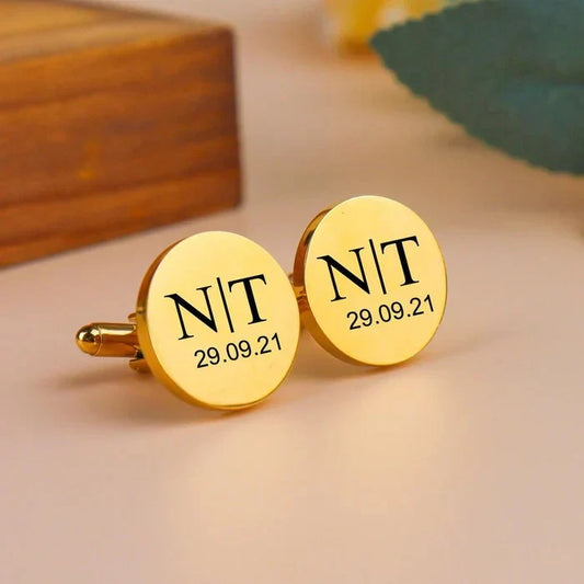 Product image of Eraya Jewel Engraved Date & Initial Cufflinks with a luxurious Gold finish, showcasing personalized date and initial details.