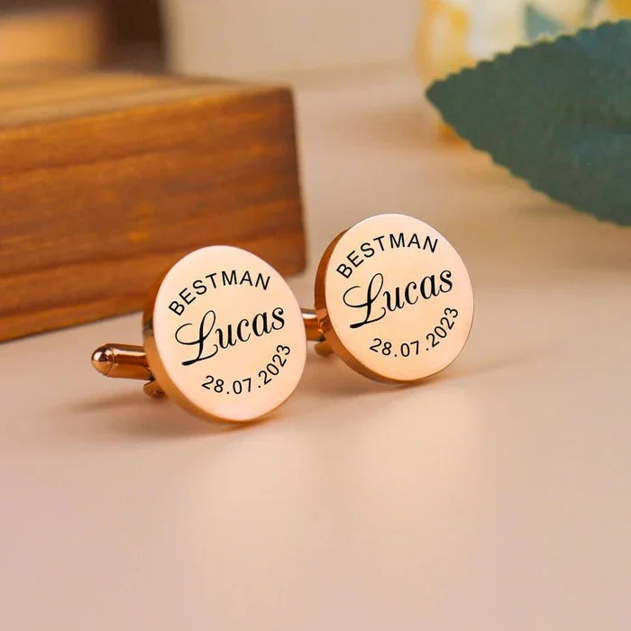 Eraya Jewel Personalized Engraved Date & Initial Cufflinks in a trendy Rose Gold finish – Product image displaying elegant custom engraving.