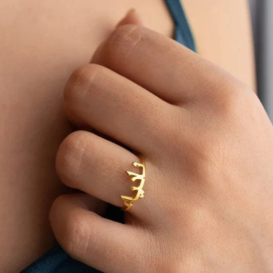 Custom Arabic Name Ring for Her crafted in polished yellow gold finish.
