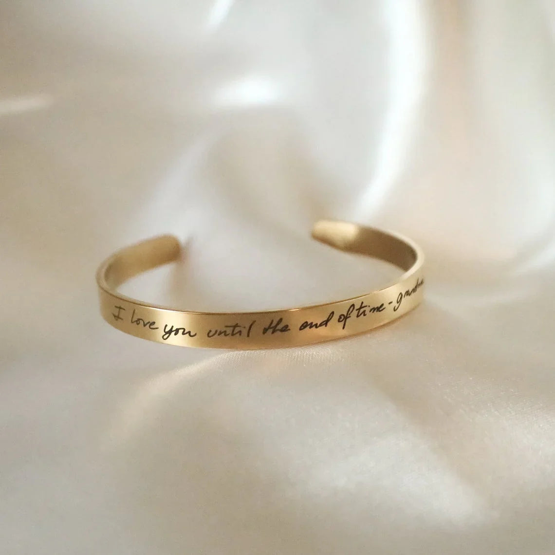Luxurious Eraya Jewel 'Real Handwriting' Cuff Bracelet in Gold – Product shot detailing the custom actual handwriting engraving on the cuff.