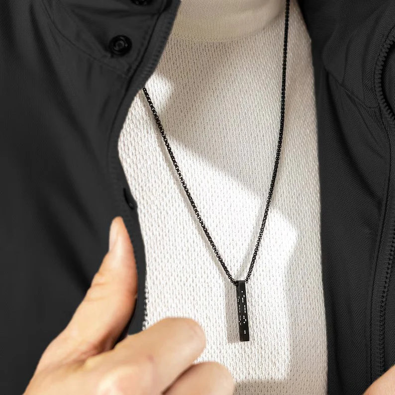 Custom Men's Morse Code Bar Pendant in a black finish, featuring a modern, minimalist design with personalized Morse code detail.