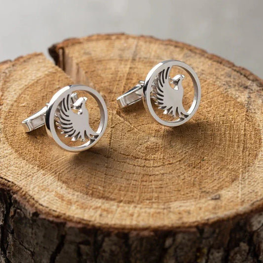 Eraya Jewel Firebird Cufflinks in polished Silver, showcasing an intricate mythical firebird design – Unique men's formal wear accessory.
