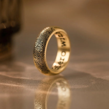 Thick Half Round Fingerprint Ring in polished gold finish showing unique fingerprint detail.