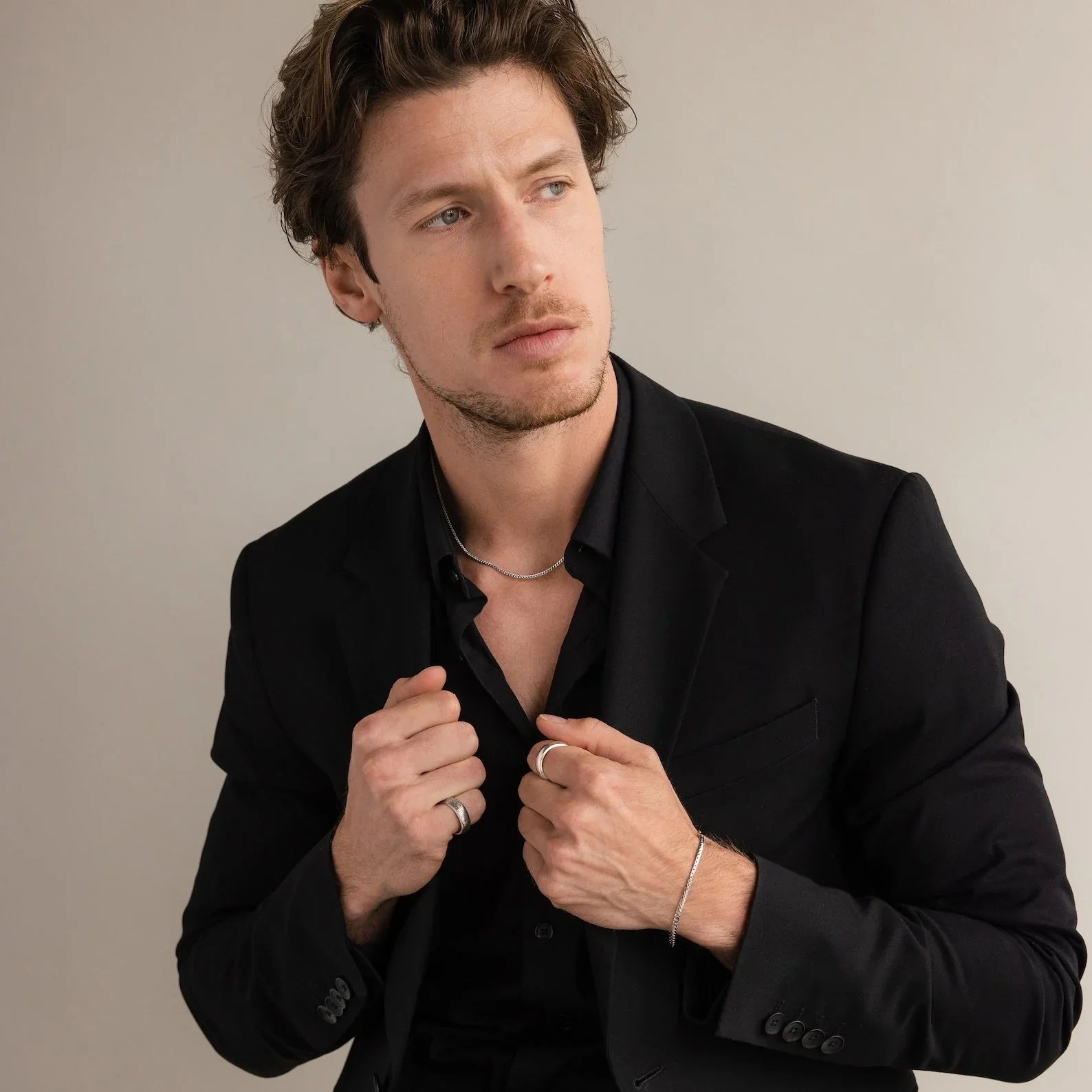 Model's hand showing a Thick Half Round Fingerprint Ring, highlighting personalized keepsake jewelry style.