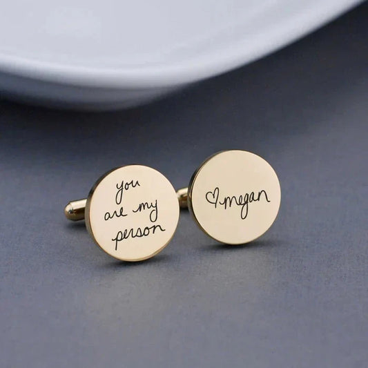 Elegantly engraved Eraya Jewel Personalized Handwriting Cuff Links in gold, displaying a custom handwritten name or date