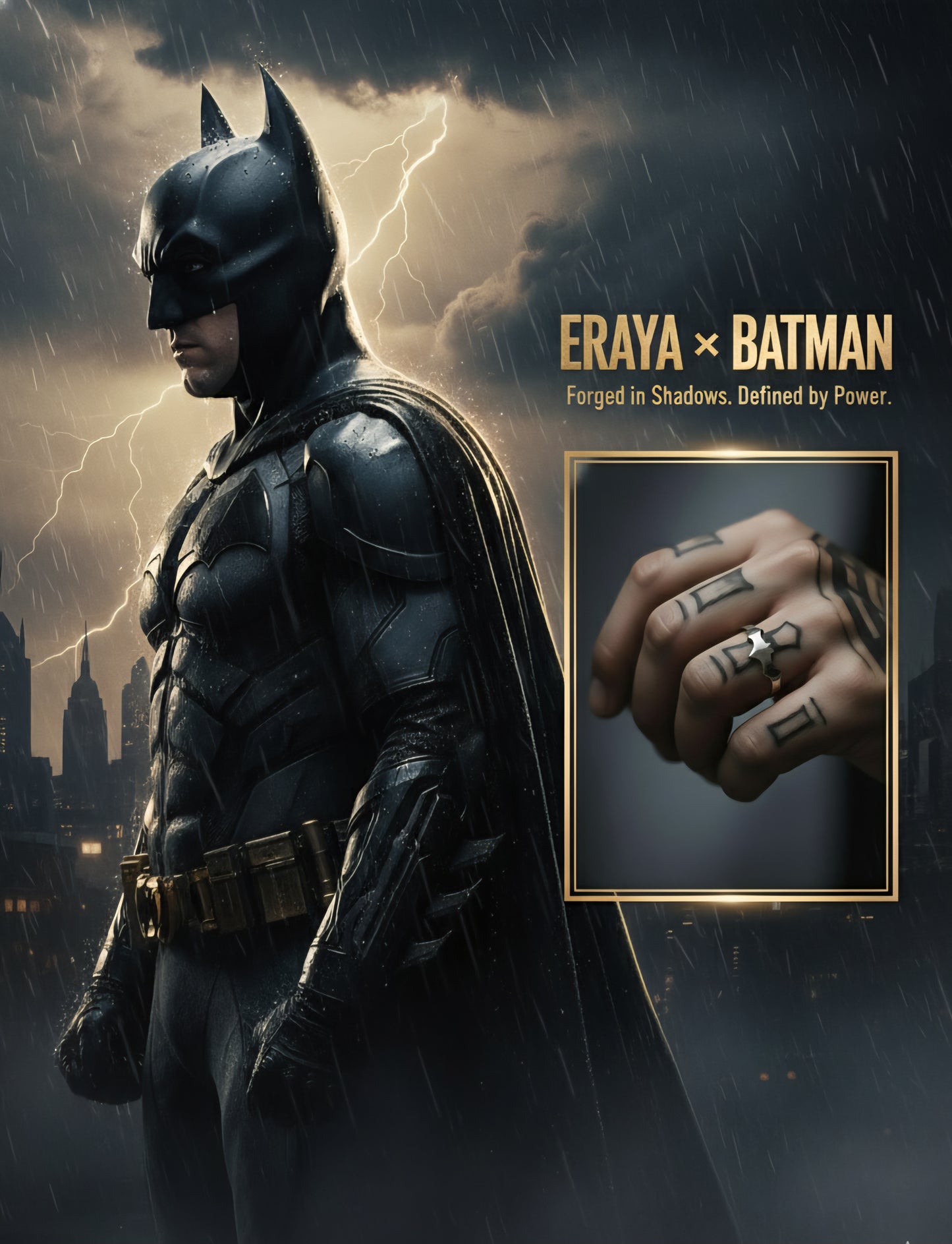Batman in a dark suit with a cityscape background, featuring the text 'Eraya x Batman'.
