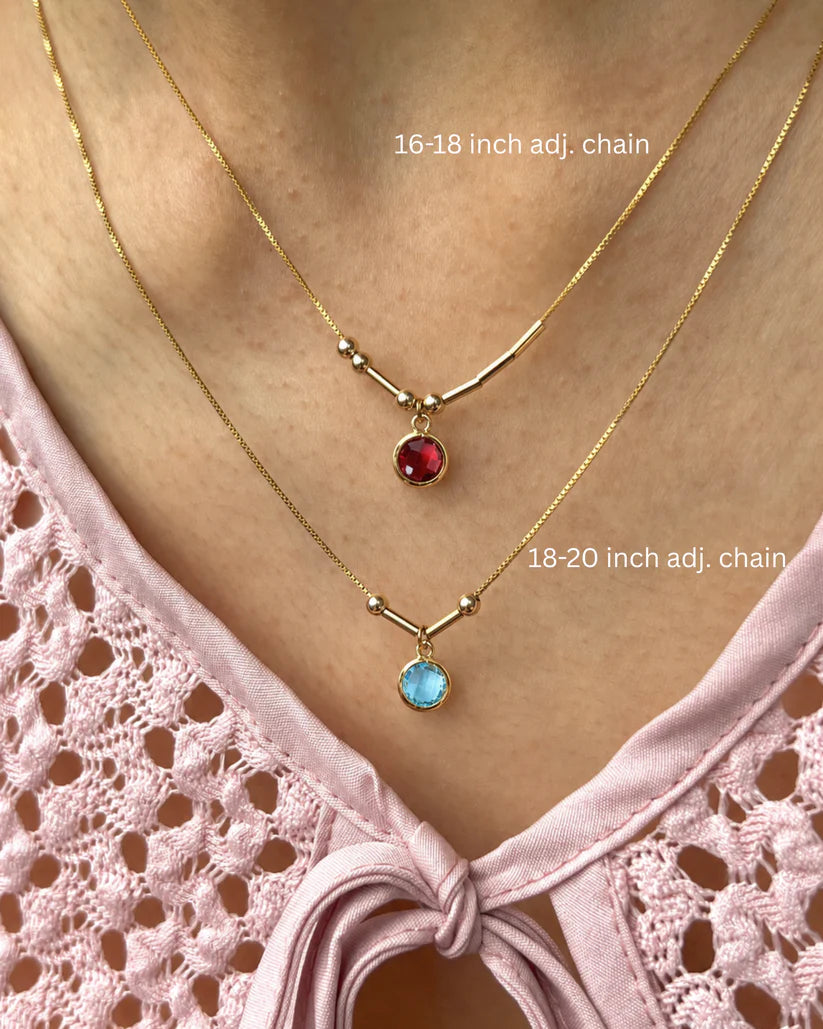 Layered view of the Personalized Birthstone Morse Code Initials Necklace showing the adjustable 18–20 inch box chain, hidden Morse code initials, and birthstone charm.