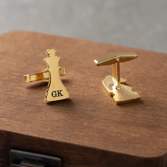 Eraya Jewel Custom Two-Letter Chess Cufflinks in a polished Gold finish – Product image showcasing personalized initials and a chess-themed design.