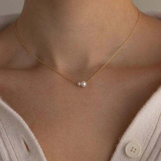 duo pearl pendant necklace with real freshwater pearls 5mm and 8mm in 18k gold finish minimal jewelry