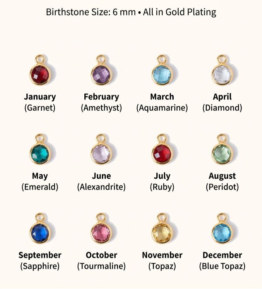 Eraya Jewel birthstone color chart for personalized initial necklaces and custom jewelry charms