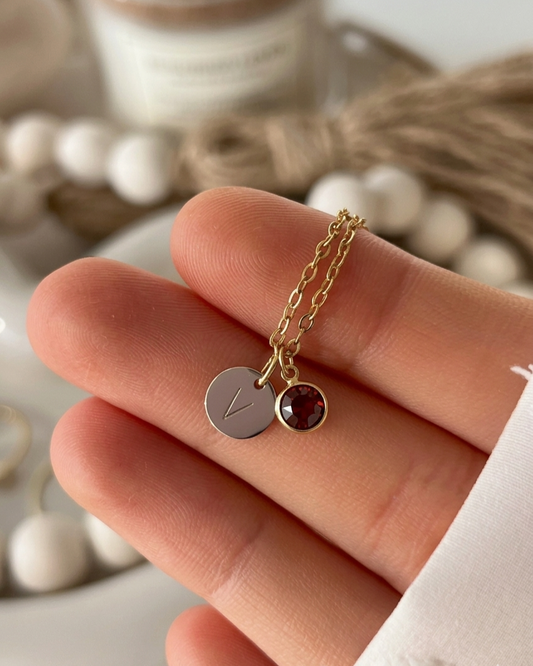 Minimal anti tarnish initial necklace with 6mm birthstone charm and personalized coin pendant