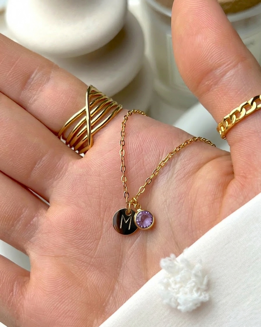 Personalized initial pendant with birthstone charm in 22K gold micron finish for everyday wear