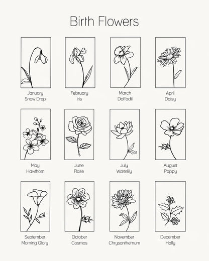 Eraya Jewel custom birth month flowers guide for personalized pendants, displaying twelve detailed botanical line-art illustrations from January snow drop to December holly.