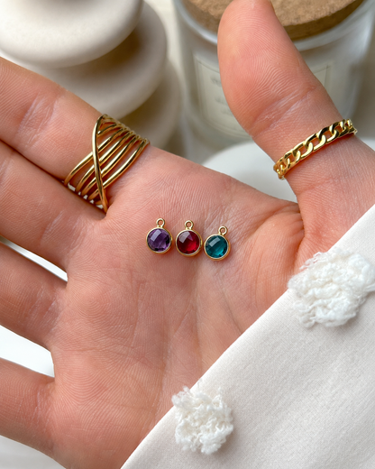 Eraya Jewel custom birthstone necklace charms showing multiple birthstone color options for personalization