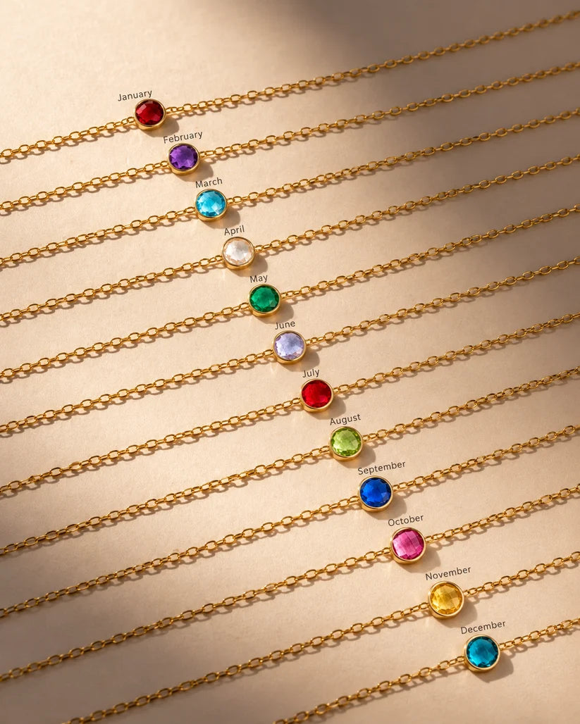Eraya Jewel dainty birthstone bracelet collection in 22K gold finish showing birthstones for all twelve months