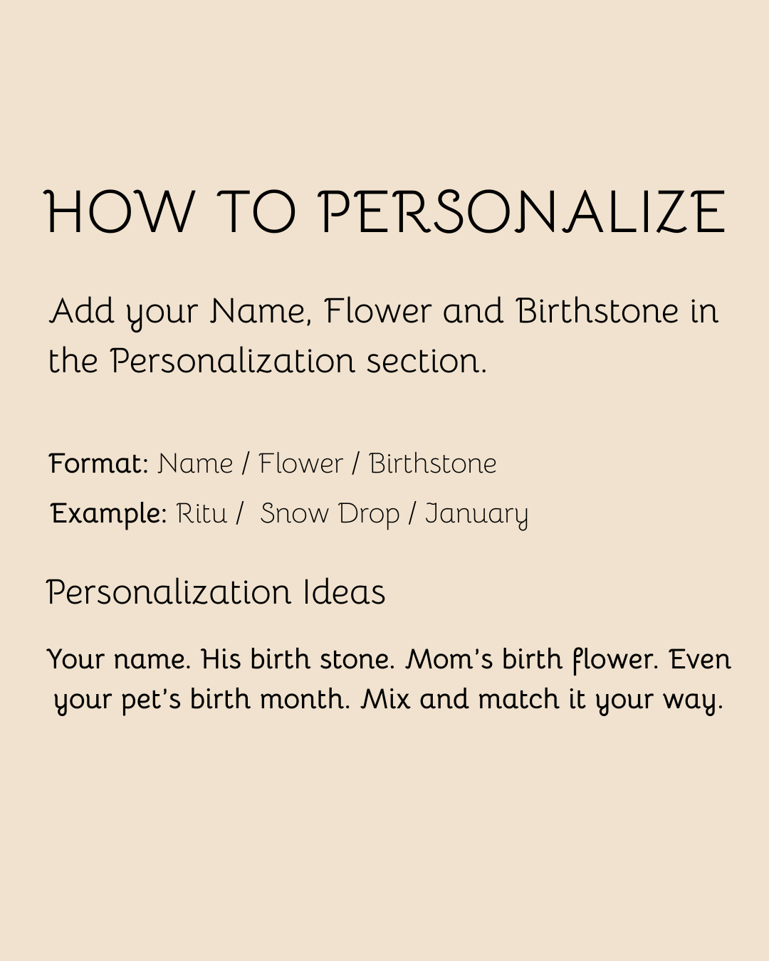 Eraya Jewel instructional graphic explaining how to customize the personalized birth flower, name, and birthstone pendant. The graphic displays the required format "Name / Flower / Birthstone" using the example "Ritu / Snow Drop / January" and suggests mix-and-match personalization ideas to combine details of different loved ones.