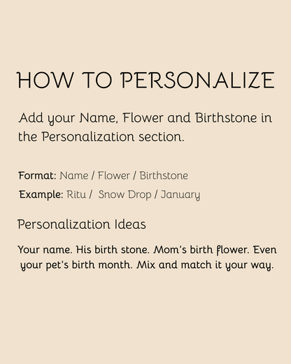Eraya Jewel instructional graphic explaining how to customize the personalized birth flower, name, and birthstone pendant. The graphic displays the required format "Name / Flower / Birthstone" using the example "Ritu / Snow Drop / January" and suggests mix-and-match personalization ideas to combine details of different loved ones.