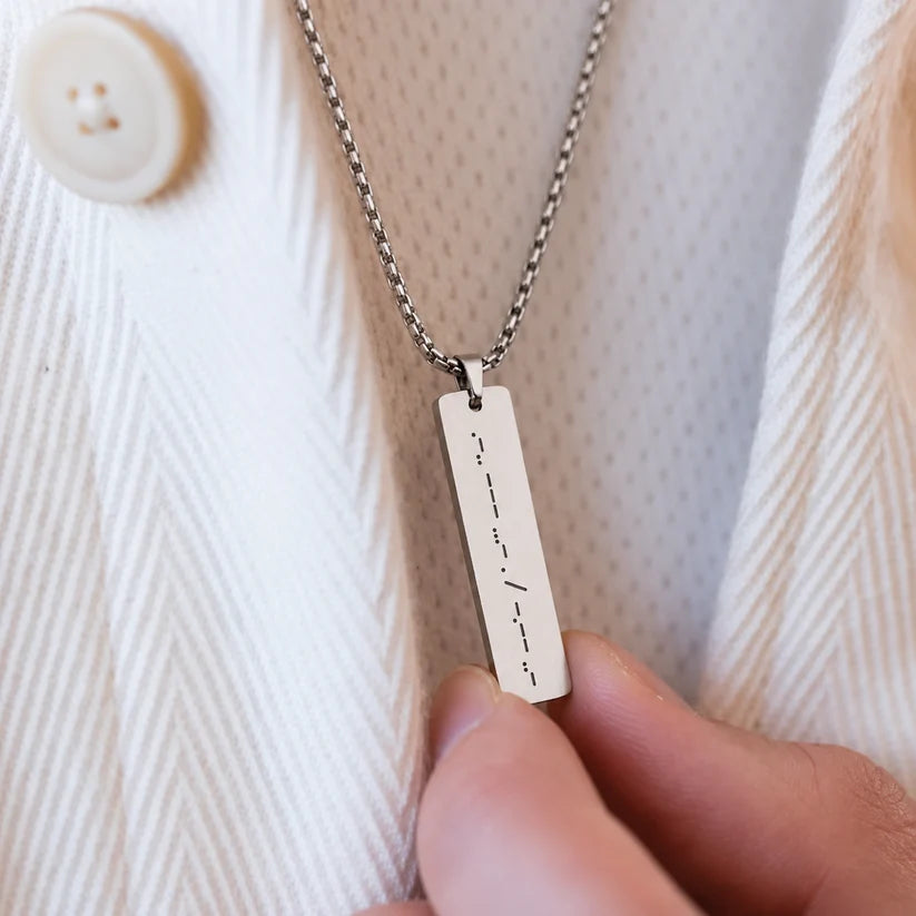 Eraya Jewel personalized Morse Code Bar Pendant showing a hidden message of dots and dashes